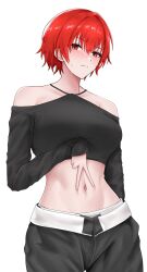 Rule 34 | 1girl, azur lane, bare shoulders, black pants, black shirt, blush, commentary request, crop top, groin, hair between eyes, highres, jakqbigone, long sleeves, looking at viewer, midriff, navel, off-shoulder shirt, off shoulder, pants, red eyes, red hair, shirt, short hair, simple background, sleeves past wrists, solo, stomach, weser (azur lane), white background