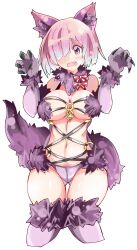 Rule 34 | 1girl, animal ears, blush, breasts, claw pose, enpe, fake animal ears, fake tail, fang, fate/grand order, fate (series), fingernails, hair over one eye, highres, large breasts, long fingernails, mash kyrielight, mash kyrielight (dangerous beast), navel, o-ring, panties, purple eyes, purple hair, purple panties, revealing clothes, short hair, solo, tail, underwear