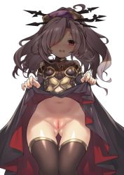 Rule 34 | 1girl, blush, brown thighhighs, cape, censored, cleft of venus, clothes lift, empty eyes, fuya (tempupupu), gluteal fold, granblue fantasy, hair ornament, hair over one eye, hair stick, harvin, lifted by self, long hair, niyon (granblue fantasy), no panties, open mouth, pointy ears, ponytail, purple eyes, purple hair, pussy, pussy juice, simple background, skirt, skirt lift, smile, solo, thighhighs, white background