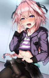 Rule 34 | 1boy, absurdres, astolfo (fate), astolfo (memories at trifas) (fate), black legwear, blouse, blush, braid, bulge, censored, clothes lift, cum, erection, erection under clothes, fate (series), fellatio gesture, hair intakes, heart, heart-shaped pupils, highres, huge filesize, lifted by self, long hair, male focus, miniskirt, mosaic censoring, no panties, official alternate costume, pantyhose, penis, pink hair, sexually suggestive, shirt, single braid, skirt, striped clothes, striped shirt, symbol-shaped pupils, trap, v, very long hair
