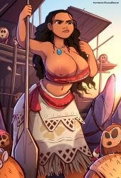 Rule 34 | 1girl, absurdres, alternate breast size, areola slip, arm up, armpits, bare shoulders, black hair, breasts, brown eyes, dark-skinned female, dark skin, emmabrave, feet out of frame, highres, huge breasts, jewelry, long hair, midriff, moana (movie), moana waialiki, navel, necklace, nipple slip, nipples, oar, outdoors, solo, strapless, tube top, very long hair