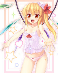 Rule 34 | 1girl, :d, babydoll, bare shoulders, beckoning, blonde hair, blush, bow, bow panties, camisole, fang, female focus, flandre scarlet, hat, lingerie, long hair, nullken, open mouth, orange eyes, outstretched arms, panties, side ponytail, smile, solo, spread arms, strap slip, embodiment of scarlet devil, touhou, underwear, wings