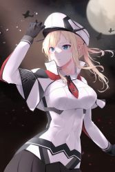 Rule 34 | 1girl, aircraft, black gloves, blonde hair, blue eyes, blush, breasts, capelet, commentary request, cross, full moon, gloves, graf zeppelin (kancolle), hair between eyes, hat, highres, impossible clothes, jacket, jenson tw, kantai collection, large breasts, long hair, military, military hat, military uniform, moon, moonlight, necktie, night, night sky, outdoors, peaked cap, revision, sidelocks, sky, solo, star (sky), tsurime, twintails, uniform