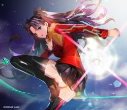 Rule 34 | 1girl, ass, astarone, black hair, blue eyes, chromatic aberration, coat, fate/stay night, fate (series), loafers, long hair, orange scarf, scarf, shoes, solo, thighhighs, tohsaka rin, two side up