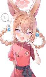 Rule 34 | 1girl, absurdres, aged down, animal ears, blue archive, blush, braid, braided hair rings, brown hair, commentary request, crossed bangs, dress, fox ears, fox girl, hair rings, halo, hand up, highres, looking at viewer, misyune, open mouth, puffy short sleeves, puffy sleeves, purple eyes, red dress, red halo, rumi (blue archive), rumi (small) (blue archive), short sleeves, simple background, solo, spoken sweatdrop, sweat, sweatdrop, upper body, white background