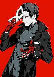 Rule 34 | 10s, 1boy, absurdres, adachi tooru, amamiya ren, amamiya ren (cosplay), arizuka (catacombe), black hair, coat, cosplay, gloves, highres, looking at viewer, male focus, mask, parted lips, persona, persona 4, persona 5, protagonist (persona 5) cosplay, red background, red eyes, red gloves, simple background, smile, solo, tarot, the fool (tarot), trench coat, unworn mask