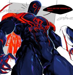 Rule 34 | 1boy, absurdres, bara, blue bodysuit, bodysuit, bue june, bulge, covered abs, english text, foreshortening, from below, highres, large pectorals, male focus, marvel, mask, miguel o&#039;hara, muscular, muscular male, pectorals, red bodysuit, solo, spider-man: across the spider-verse, spider-man: into the spider-verse, spider-man (2099), spider-man (series), spider-verse, thick thighs, thighs, two-tone bodysuit