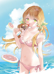 Rule 34 | 1girl, :d, bare arms, bikini, blonde hair, blue sky, breasts, cleavage, cloud, collarbone, commentary request, day, food, frilled bikini, frills, green eyes, groin, hair ribbon, hand up, highres, holding, holding food, ice cream, long hair, low twintails, medium breasts, navel, ocean, open mouth, original, outdoors, pink bikini, ribbon, rougetsu, side-tie bikini bottom, sky, smile, solo, swimsuit, twintails, very long hair, water
