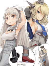 Rule 34 | &gt; &lt;, 3girls, akino shuu, arm up, armpits, blonde hair, blue eyes, blue necktie, blush, breast press, breasts, brown eyes, capelet, cleavage, cleavage cutout, closed mouth, clothing cutout, collared shirt, colorado (kancolle), conte di cavour (kancolle), conte di cavour nuovo (kancolle), dress, female focus, garrison cap, gloves, grey eyes, grey headwear, hand on own hip, hat, headgear, height comparison, height conscious, height difference, inset, japanese text, jitome, kantai collection, large breasts, layered dress, long hair, looking at another, looking to the side, motion lines, multiple girls, nagato (kancolle), necktie, one eye closed, pout, romaji text, rudder footwear, shiny footwear, shiny skin, shirt, short hair, short sleeves, sideboob, silver hair, simple background, sleeveless, sleeveless shirt, smile, smug, sound effects, standing, sweat, sweatdrop, symmetrical docking, thighhighs, tiptoes, translation request, trembling, twitter username, very long hair, wavy mouth, white background, white dress, white shirt