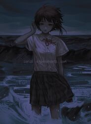 Rule 34 | 1girl, arm behind back, asymmetrical hair, breasts, brown eyes, brown hair, brown skirt, ccakira000, collared shirt, commentary, copyright name, dark, feet out of frame, hair ornament, hand up, highres, iwakura lain, looking at viewer, neck ribbon, night, ocean, outdoors, parted lips, plaid, plaid skirt, pleated skirt, red ribbon, ribbon, school uniform, serial experiments lain, shirt, shirt tucked in, short hair, short sleeves, skirt, small breasts, solo, standing, wading, water, waves, white shirt, wind, x hair ornament
