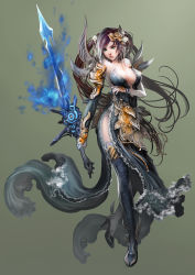 Rule 34 | 1girl, antilous, bare shoulders, blue nails, breasts, brown hair, cleavage, fantasy, flower, full body, green eyes, grey background, grey footwear, hair flower, hair ornament, high heels, highres, holding, holding sword, holding weapon, long hair, looking at viewer, nail polish, original, ponytail, shoes, solo, standing, sword, very long hair, weapon