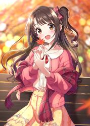 Rule 34 | 1girl, :d, autumn, autumn leaves, bench, blurry, blurry background, blush, bow, brown eyes, brown hair, collared shirt, commentary request, depth of field, dress shirt, floral print, hair bow, hands up, highres, holding, holding leaf, idolmaster, idolmaster cinderella girls, idolmaster cinderella girls starlight stage, jacket, leaf, long hair, looking at viewer, maple leaf, on bench, open clothes, open jacket, open mouth, own hands together, park bench, pink jacket, plaid, plaid bow, pleated skirt, print skirt, red bow, shawl, shimamura uzuki, shirt, sitting, skirt, smile, solo, sutoroa, white shirt, yellow skirt