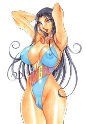 Rule 34 | armpits, arms behind head, azuki kurenai, black hair, breasts, covered erect nipples, goggles, highleg, highleg swimsuit, highres, huge breasts, large areolae, long hair, nipples, see-through, swimsuit, thick thighs, thighs