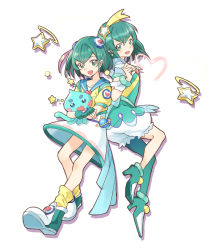 Rule 34 | 2girls, :d, antennae, aqua eyes, aqua hair, back-to-back, boots, commentary, cure milky, drawing, dress, dual persona, earrings, hagoromo lala, hair ornament, hairband, heart, heart hair ornament, heart print, high heels, highres, jewelry, looking at viewer, loose socks, magical girl, multicolored hair, multiple girls, open mouth, pink hair, pointy ears, precure, prunce (precure), sailor collar, short hair, simple background, single leg pantyhose, smile, socks, star-shaped pupils, star (symbol), star color pen, star earrings, star hair ornament, star in eye, star twinkle precure, streaked hair, symbol-shaped pupils, symbol in eye, tugo, white background, white hair