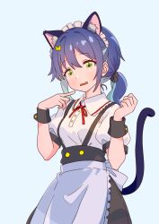Rule 34 | 1girl, alternate costume, animal ear fluff, animal ears, apron, aqua hair, black skirt, blue background, blue hair, cat ears, cat tail, commentary, embarrassed, enmaided, green eyes, hair between eyes, hair ornament, hairclip, highres, long hair, looking at viewer, maid, maid headdress, multicolored hair, onii-chan wa oshimai!, open mouth, pa panahana, ponytail, puffy short sleeves, puffy sleeves, shirt, short sleeves, simple background, skirt, solo, suspender skirt, suspenders, tail, tenkawa nayuta, two-tone hair, waist apron, wavy mouth, white apron, white shirt, wrist cuffs
