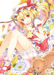 Rule 34 | 1girl, 6u (eternal land), :d, ascot, bad id, bad pixiv id, blonde hair, bloomers, daisy, fang, female focus, flandre scarlet, flower, hat, long hair, looking at viewer, mary janes, open mouth, red eyes, shoes, short hair, side ponytail, sitting, smile, socks, solo, stuffed animal, stuffed toy, teddy bear, touhou, underwear, white socks, wings