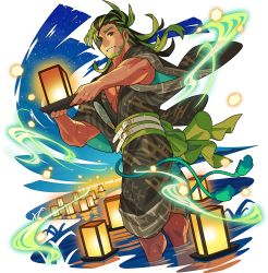 Rule 34 | 1boy, artist request, aura, beard, belt, blue sky, brown hair, brown kimono, dutch angle, egasumi, eyepatch, facial hair, forehead, full body, gradient sky, green hair, grin, hair bun, hand fan, happy, highres, holding, holding lantern, japanese clothes, kimono, lantern, lantern festival, lantern on liquid, large pectorals, leon (world flipper), light particles, long hair, long sleeves, looking at viewer, male focus, multicolored hair, muscular, muscular male, night, non-web source, obi, official art, open clothes, open kimono, paper fan, paper lantern, partially submerged, pectorals, red eyes, sash, single hair bun, sky, sky lantern, smile, solo, standing, star (sky), starry sky, streaked hair, tassel, teeth, transparent background, two-tone hair, uchiwa, wading, wet, wide sleeves, world flipper