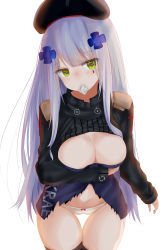 Rule 34 | 1girl, absurdres, arm at side, beret, black thighhighs, blush, bow, bow panties, breast hold, breasts, cleavage cutout, clothing cutout, condom, condom in mouth, condom wrapper, facial mark, girls&#039; frontline, green eyes, hair ornament, hat, head tilt, high collar, highres, hime cut, hk416 (girls&#039; frontline), legs together, long hair, long sleeves, looking away, lowleg, lowleg panties, midriff peek, mouth hold, navel, no pants, panties, ru zhai, shrug (clothing), sidelocks, simple background, solo, standing, symbol-shaped pupils, thigh gap, thighhighs, thighs, underwear, white background, white hair, white panties