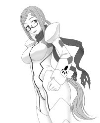 Rule 34 | 10s, 1girl, bodysuit, breasts, clenched hand, glasses, greyscale, hair ornament, hairclip, lipstick, long hair, looking at viewer, makeup, medium breasts, misnon the great, monochrome, planet with, scarf, shiraishi kogane, sidelocks, solo, standing, tail