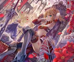 Rule 34 | 1girl, armor, armored boots, armpits, artoria pendragon (all), artoria pendragon (fate), bandages, bandeau, black thighhighs, blonde hair, blood, blood on face, boots, braid, breasts, cape, castle, clarent (fate), crown, crown braid, detached collar, detached sleeves, dutch angle, excalibur (fate/stay night), fate/apocrypha, fate (series), flower, gauntlets, green eyes, looking at viewer, medium breasts, mordred (fate), mordred (fate/apocrypha), navel, outdoors, petals, planted, planted sword, planted weapon, ponytail, red flower, ruins, saber (fate), sitting, solo focus, standing, sword, thighhighs, throne, torino aqua, torn clothes, torn sleeves, underboob, weapon