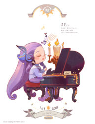 Rule 34 | 1girl, 2019, artist name, banner, blush stickers, bow, bowtie, candle, candlestand, cardcaptor sakura, chair, character name, chibi, closed eyes, clow card, commentary, cpieng, english commentary, english text, eyelashes, fortissimo, hair ornament, highres, instrument, long hair, long skirt, long sleeves, music, musical note, musical note hair ornament, open mouth, playing instrument, playing piano, purple bow, purple bowtie, purple hair, purple shirt, purple skirt, shirt, singing, sitting, skirt, smile, solo, song (clow card), sparkle, turtleneck, very long hair, watermark, white background