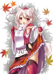 Rule 34 | 1girl, akadume, animal ears, blush, detached sleeves, female focus, hat, highres, inubashiri momiji, leaf, open mouth, red eyes, short hair, skirt hold, solo, tail, tokin hat, touhou, white hair, wolf ears, wolf tail