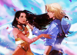 Rule 34 | 1boy, 1girl, animification, athenacg, couple, dark skin, floating hair, hand on another&#039;s face, helmet, hetero, jewelry, john smith (disney), lipstick, long hair, makeup, necklace, petals, pocahontas, pocahontas (disney), red lips, sleeves rolled up, wind