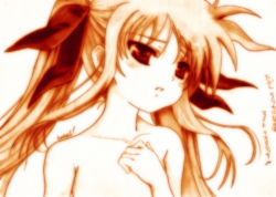 Rule 34 | 00s, 1girl, bad id, bad pixiv id, fate testarossa, godees, hand on another&#039;s chest, hand on own chest, highres, lyrical nanoha, mahou shoujo lyrical nanoha, monochrome, nude, solo, traditional media
