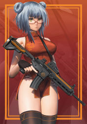 Rule 34 | 1girl, alternate costume, alternate hairstyle, assault rifle, bespectacled, black gloves, black thighhighs, breasts, china dress, chinese clothes, double bun, dress, facial mark, fingerless gloves, girls&#039; frontline, glasses, gloves, green eyes, gun, h&amp;k hk416, hair bun, highres, hk416 (girls&#039; frontline), medium breasts, persocon93, red-framed eyewear, red dress, rifle, short dress, silver hair, sleeveless, sleeveless dress, solo, thighhighs, weapon
