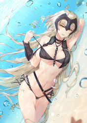 Rule 34 | 1girl, arm pillow, arm up, armpits, bare shoulders, bikini, black bikini, blurry, breasts, bubble, cameltoe, chain, clownfish, collarbone, commentary request, day, depth of field, fate/grand order, fate (series), fish, floating hair, glint, groin, hand up, headpiece, highres, jeanne d&#039;arc (fate), jeanne d&#039;arc alter (avenger) (fate), jeanne d&#039;arc alter (fate), large breasts, legs together, long hair, looking at viewer, lying, maya g, navel, on side, parted lips, sand, side-tie bikini bottom, signature, silver hair, slit pupils, smile, solo, sparkle, starfish, stomach, strap pull, sunlight, swimsuit, tsurime, underwater, vambraces, very long hair, yellow eyes