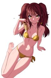 Rule 34 | 1girl, absurdres, barefoot, bikini, blush, cup, feet, highres, kujikawa rise, long hair, looking at viewer, persona, persona 4, red hair, smile, soles, swimsuit, toes, twintails, x xith x, yellow eyes