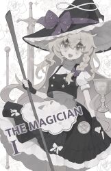 Rule 34 | 1girl, absurdres, apron, blonde hair, bow, braid, broom, cup, hair bow, hair tubes, hat, hat bow, highres, kirisame marisa, open mouth, rcs 4, side braid, single braid, solo, sword, tarot, touhou, waist apron, weapon, white bow, witch hat, yellow eyes