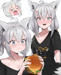 Rule 34 | 1girl, absurdres, ahoge, anger vein, animal ears, aqua eyes, black shirt, blush, braid, breasts, burger, casual, cleavage, crossed bangs, eating, embarrassed, food, fox ears, fox girl, grey hair, hair between eyes, hair rings, highres, hoangryu, hololive, looking at viewer, medium breasts, multiple views, open mouth, projected inset, shirakami fubuki, shirt, simple background, smile, tongue, tongue out, twin braids, twintails, v-neck, virtual youtuber