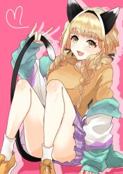 Rule 34 | 1girl, \m/, animal ears, bare legs, blonde hair, blue skirt, blush, braid, cat ears, cat tail, fang, fujita kotone, gakuen idolmaster, heart, highres, idolmaster, jacket, jacket partially removed, kemonomimi mode, knees up, long hair, looking at viewer, miniskirt, multicolored clothes, multicolored jacket, pink background, plaid, plaid skirt, pleated skirt, reijisono2, shirt, shoes, simple background, sitting, skin fang, skirt, smile, sneakers, solo, tail, twin braids, yellow shirt