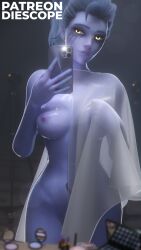 3d absurdres breasts diescope glowing glowing_eyes goth_fashion highres holding holding_phone looking_at_viewer nipples nude overwatch overwatch_2 phone see-through selfie silk solo standing wet widowmaker_(overwatch)
