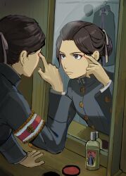 Rule 34 | 0shlkatsu, 1girl, ace attorney, applying makeup, black suit, brown eyes, brown hair, buttons, closed mouth, commentary request, eyeshadow, formal, highres, indoors, looking at mirror, makeup, mirror, red eyeshadow, reflection, short hair, suit, susato mikotoba, the great ace attorney, the great ace attorney 2: resolve