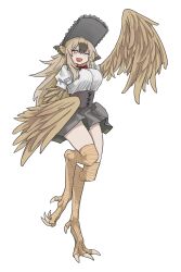 Rule 34 | 1girl, :d, absurdres, bird legs, bird wings, black skirt, black souls, blush, bonnet, bow, bowtie, breasts, brown eyes, corset, dodo (black souls), full body, highres, large breasts, light brown hair, one eye closed, open mouth, puffy short sleeves, puffy sleeves, rabbit king, red bow, red bowtie, shirt, shirt tucked in, short sleeves, simple background, skirt, smile, solo, white background, white shirt, wings