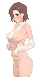 Rule 34 | 1girl, absurdres, armpit crease, breasts, brown eyes, brown hair, cleavage, closed mouth, detached sleeves, frown, highres, idolmaster, idolmaster cinderella girls, large breasts, long sleeves, looking at viewer, medium hair, meme attire, mizuki seira, onao, sideboob, simple background, sleeves past wrists, solo, standing, virgin destroyer sweater, white background