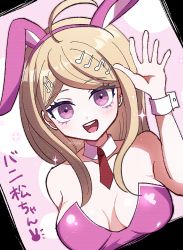Rule 34 | 1girl, :d, ahoge, akamatsu kaede, animal ears, bare shoulders, blush, breasts, commentary request, danganronpa (series), danganronpa v3: killing harmony, detached collar, fake animal ears, fortissimo, hair ornament, hand up, large breasts, leotard, long hair, mikao (eanv5385), musical note, musical note hair ornament, necktie, official alternate costume, open mouth, pink background, pink eyes, pink leotard, rabbit ears, red necktie, shiny clothes, short necktie, smile, solo, tongue, translation request, upper body, white background, wrist cuffs