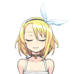 Rule 34 | 1girl, bell, blonde hair, chan co, choker, closed eyes, feather hair ornament, feathers, female focus, hair ornament, hairband, kagamine rin, short hair, simple background, solo, vocaloid, white background