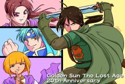Rule 34 | 2boys, 2girls, blonde hair, brown eyes, brown gloves, brown hair, cape, closed mouth, commentary, felix (golden sun), gloves, golden sun, green eyes, highres, holding, holding sword, holding weapon, jenna (golden sun), long hair, looking at viewer, multiple boys, multiple girls, piers (golden sun), sheba (golden sun), short hair, smile, sword, tirinyu, weapon