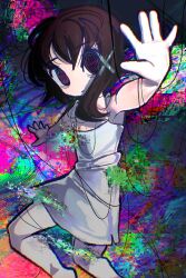 Rule 34 | 1girl, abstract background, absurdres, asymmetrical hair, black eyes, brown hair, camisole, chemise, chromatic aberration, colorful, dress, expressionless, feet out of frame, floating, glitch, hair ornament, hairclip, highres, iwakura lain, looking at viewer, messy hair, multicolored background, multicolored eyes, no pupils, outstretched arms, panda eggs, parted lips, ringed eyes, serial experiments lain, single sidelock, sleeveless, solo, spaghetti strap, white camisole, white dress, wire, x hair ornament