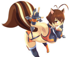 Rule 34 | 1girl, ;d, ahoge, animal ears, arc system works, armpits, bad id, bad pixiv id, black thighhighs, blazblue, blazblue: continuum shift, boots, breasts, brown eyes, brown hair, dual wielding, fingerless gloves, gloves, highres, holding, huge breasts, leaning, maeno meri, makoto nanaya, multicolored hair, one eye closed, open mouth, orange skirt, revealing clothes, short hair, skirt, smile, solo, squirrel ears, squirrel tail, tail, thighhighs, tonfa, two-tone hair, underboob, weapon, white background, white hair, wink