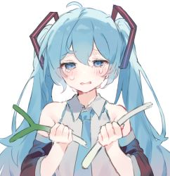Rule 34 | 1girl, aqua eyes, aqua hair, aqua necktie, blush, broken, commentary request, crying, detached sleeves, grey shirt, hair between eyes, hair ornament, hatsune miku, highres, holding, long hair, looking at viewer, necktie, otintin, parted lips, shirt, sleeveless, sleeveless shirt, solo, spring onion, tears, twintails, upper body, very long hair, vocaloid
