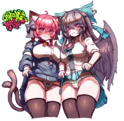 Rule 34 | 2girls, ?, ahoge, animal ears, black bow, black hair, black panties, black thighhighs, black wings, blush, bow, bowtie, breasts, cameltoe, cat ears, cat girl, cat tail, closed mouth, clothes lift, commentary, commission, cross-laced clothes, english commentary, green bow, green skirt, hair bow, kaenbyou rin, lifting own clothes, long hair, long sleeves, multiple girls, multiple tails, nekomata, panties, rampa93, red bow, red bowtie, red eyes, reiuji utsuho, short hair, simple background, skirt, skirt lift, sweat, tail, thighhighs, third eye, touhou, two tails, underwear, variant set, white background, white panties, wings