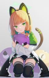 Rule 34 | 1girl, :t, animal ear headphones, animal ears, black jacket, black shorts, black thighhighs, blue archive, blunt bangs, blush, bow, buttons, cat ear headphones, cat tail, closed mouth, fake animal ears, full body, green eyes, grey background, hair bow, halo, headphones, highres, holding, holding stuffed toy, jacket, kneeling, looking at viewer, medium hair, midori (blue archive), mishuo (misuo69421), open clothes, open jacket, orange hair, pout, school uniform, shorts, simple background, solo, striped clothes, striped thighhighs, stuffed toy, tail, thighhighs