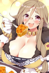 Rule 34 | 1girl, ahoge, blonde hair, blush, breasts, cleavage, creditta (princess connect!), food, fork, fur trim, gloves, highres, huge breasts, jewelry, large breasts, long hair, looking at viewer, monocle, necklace, open mouth, pancake, princess connect!, red eyes, ring, ryuki (ryukisukune), solo, thick eyebrows