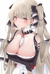 Rule 34 | 1girl, arms under breasts, azur lane, bare shoulders, between breasts, black dress, breasts, cleavage, clothing cutout, daily (daily178900), detached collar, dress, flight deck, formidable (azur lane), frilled dress, frills, grey hair, highres, large breasts, long hair, looking at viewer, necktie, necktie between breasts, pink eyes, red eyes, shoulder cutout, simple background, solo, twintails, two-tone dress, two-tone ribbon, upper body, very long hair, white background, white dress