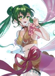 Rule 34 | armpits, bare shoulders, bracelet, breasts, choker, commentary, dancer, dancing, earrings, fire emblem, fire emblem: genealogy of the holy war, green eyes, green hair, jewelry, kiyuu, looking at viewer, medium breasts, nintendo, open mouth, silvia (fire emblem), twintails, upper body