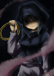 Rule 34 | 1girl, arm at side, black background, black eyes, blue hair, breasts, cowboy shot, female focus, hair between eyes, holding, hood, hood up, kumoi ichirin, long sleeves, looking at viewer, medium breasts, parted lips, shaded face, shimo (depthbomb), short hair, simple background, sketch, smile, solo, standing, touhou, upper body
